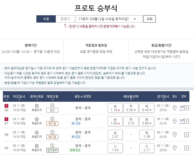 스포츠토토, 한중전 대상 프로토 승부식 마감 임박